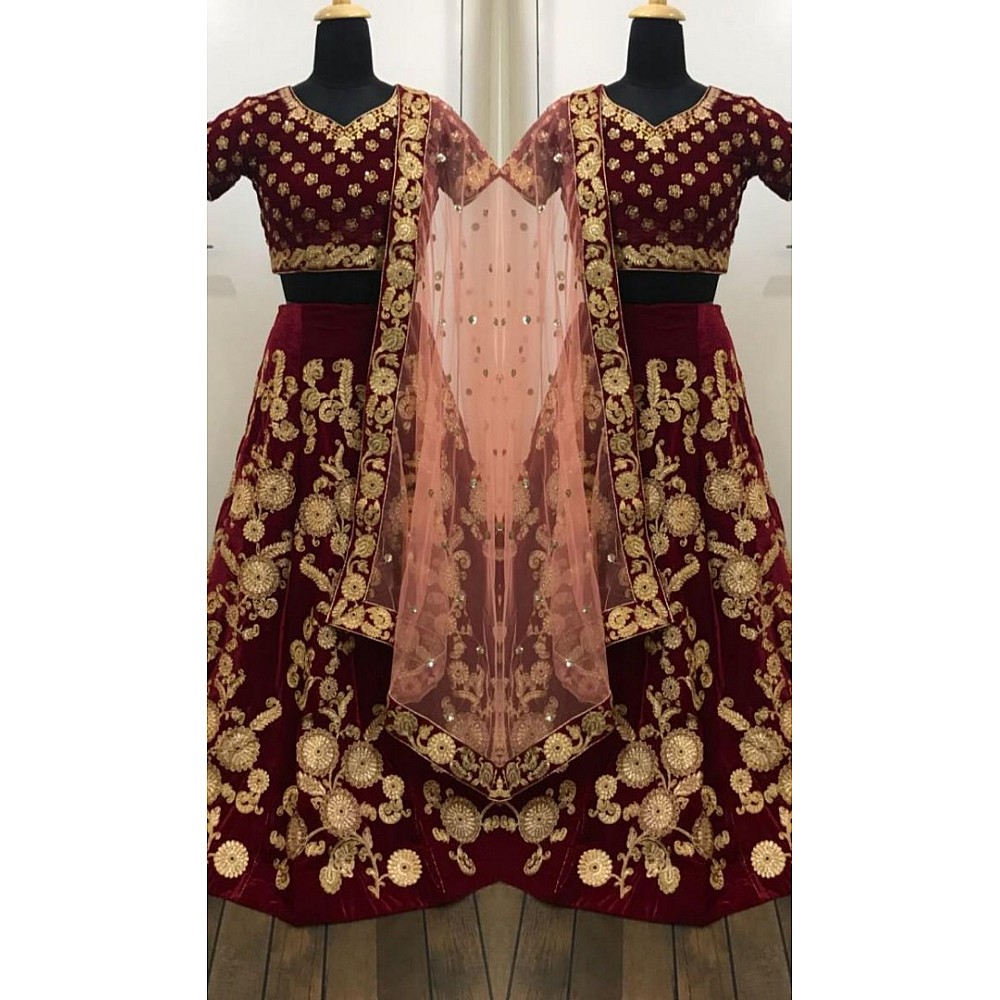 maroon heavy velvet designer embroidered wedding bridal lehenga