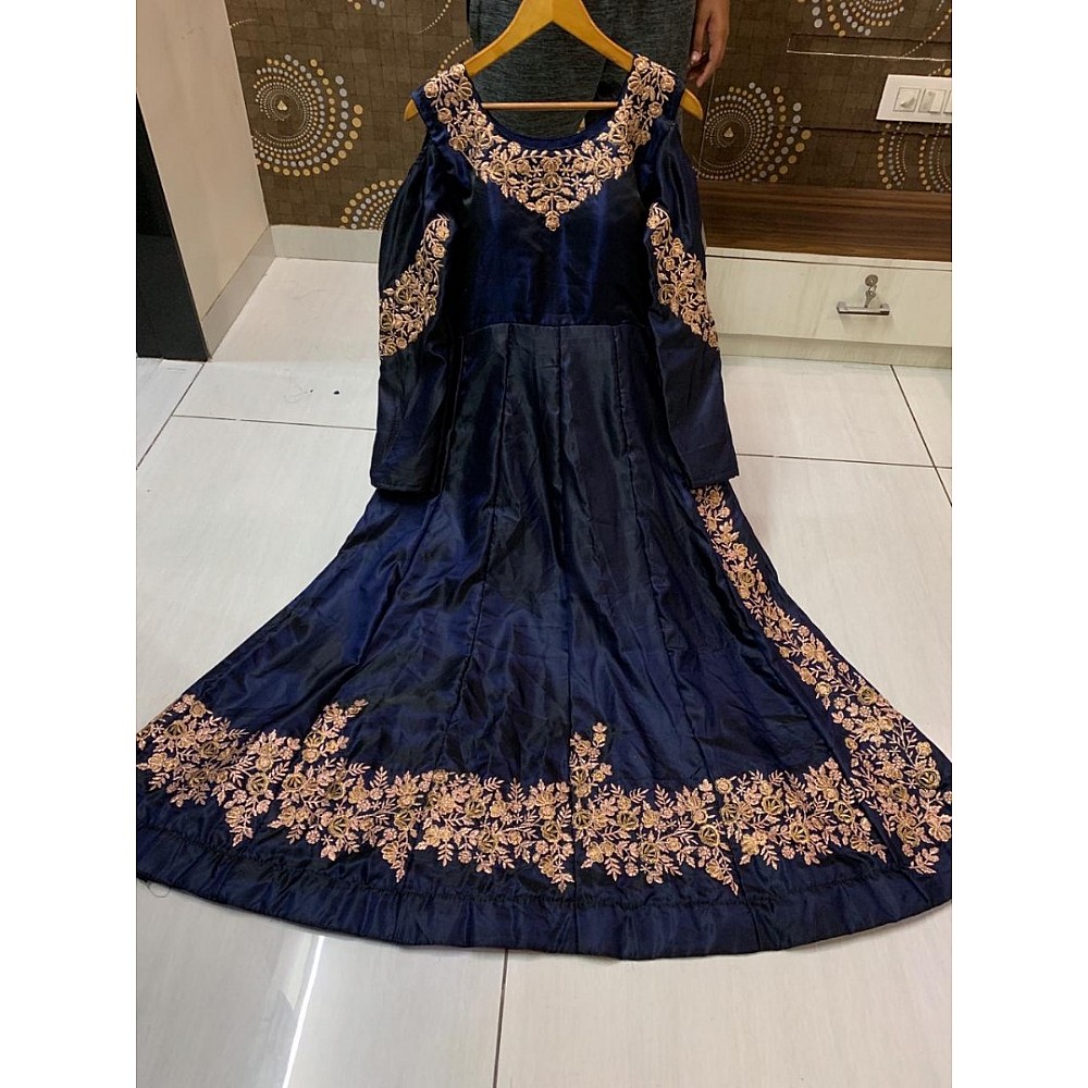 navy blue two tone tapeta silk embroidered gown