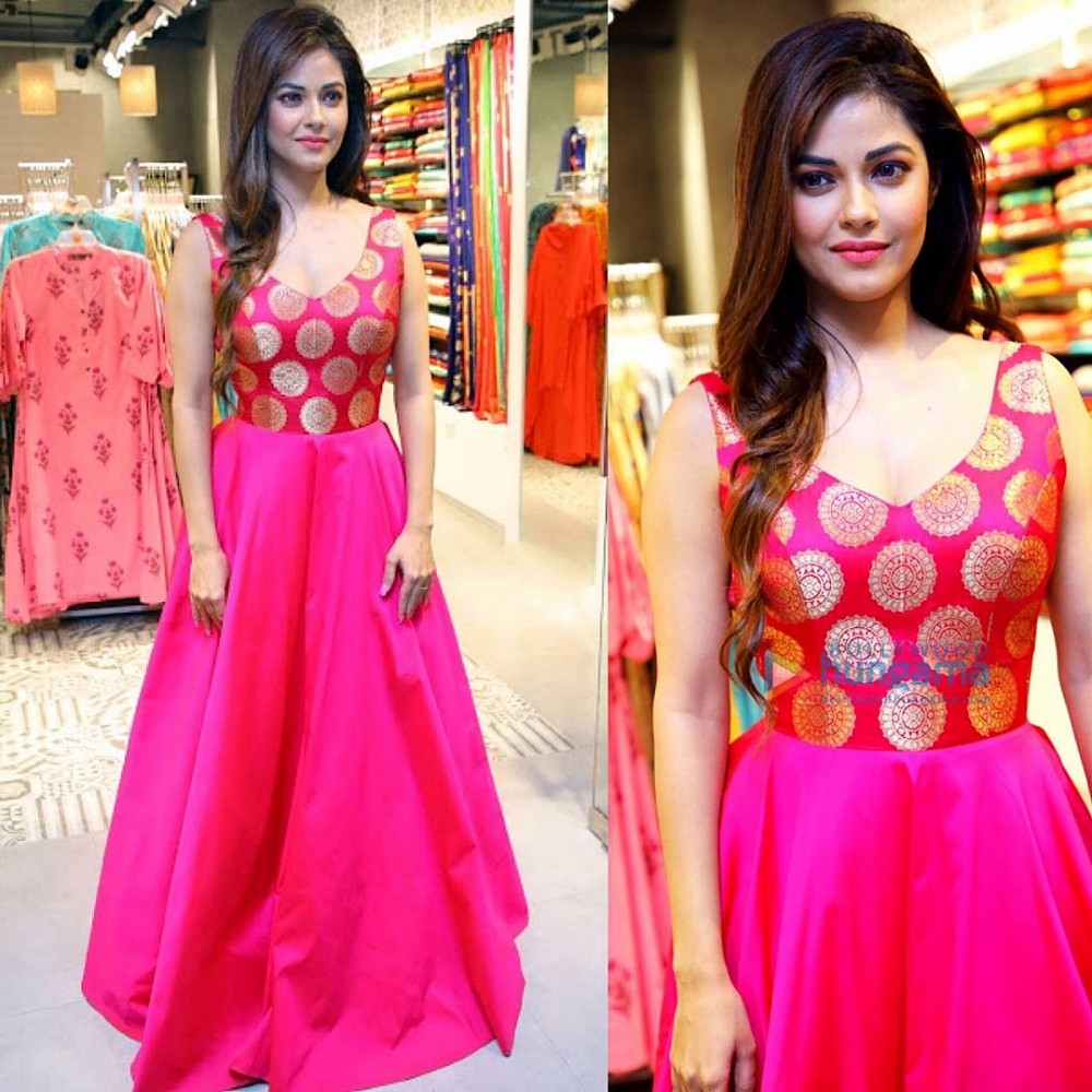pink tapeta and jquard silk partywear gown