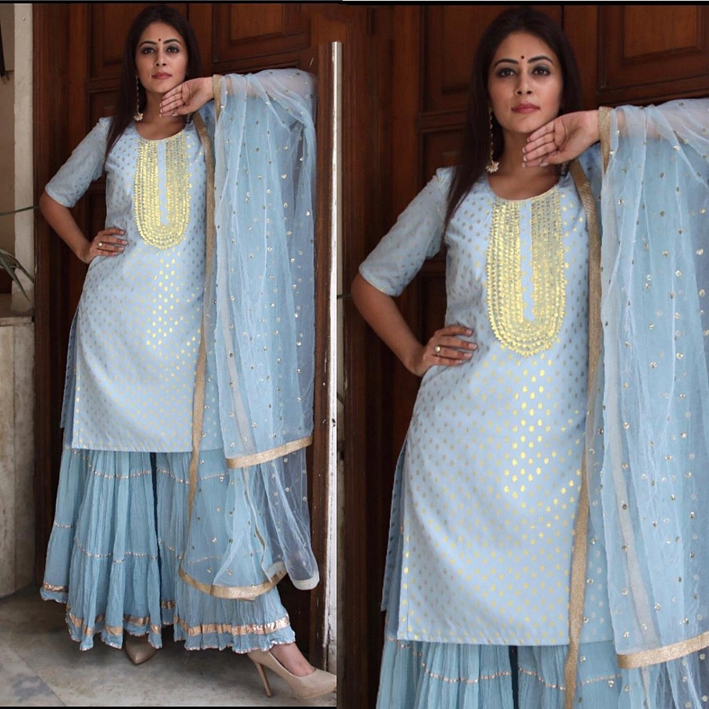 Sharara Suits : sky jacquard butti sharara salwar suit