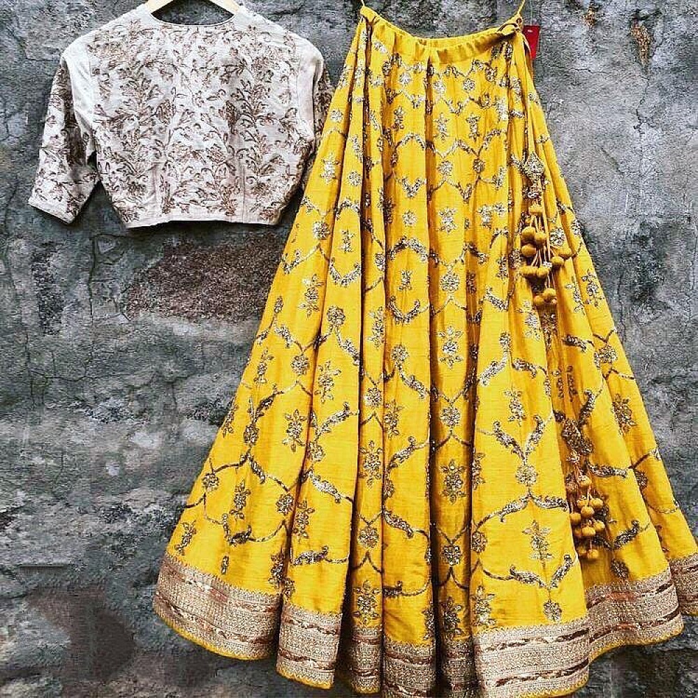 yellow tapeta silk embroidered wedding lehenga choli