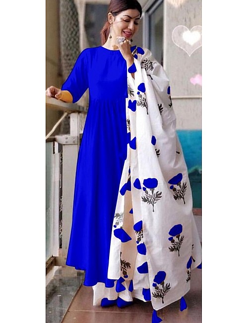 Blue heavy maslin cotton long kurti with printed dupatta