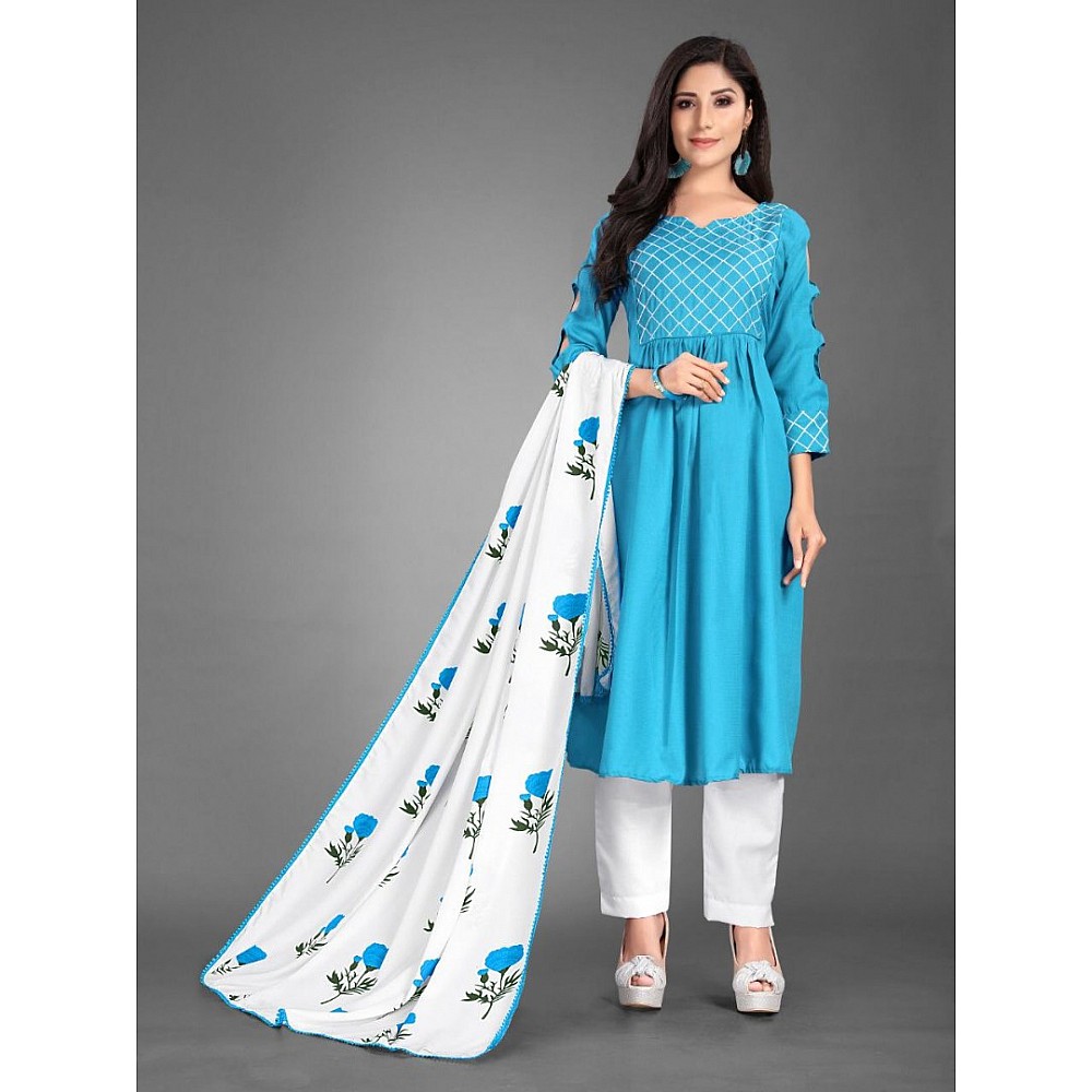 Sky blue heavy cotton kurti with printed dupatta
