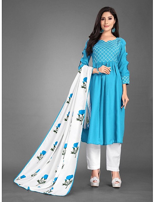Sky blue heavy cotton kurti with printed dupatta