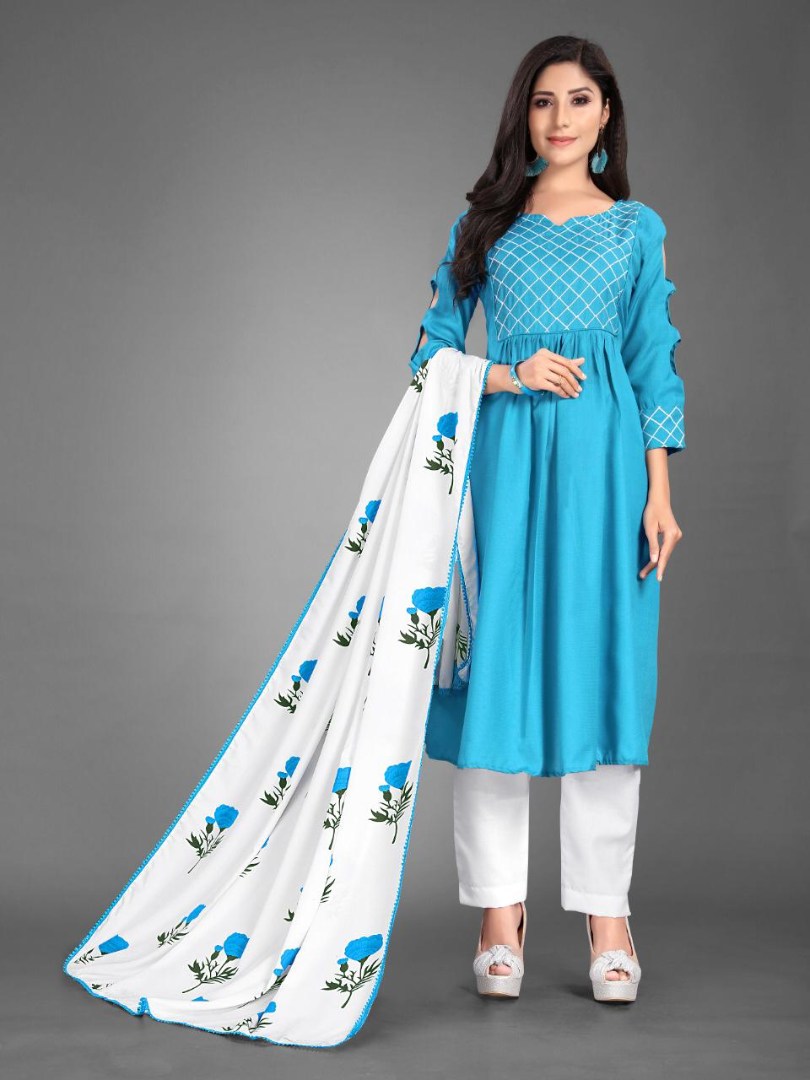 Blue kurti and white skirt with foil embroidery work  Kurti Fashion