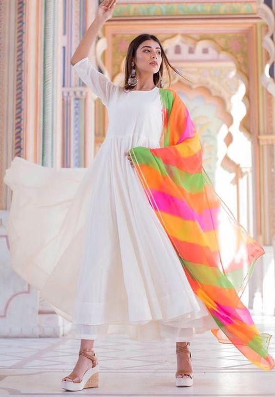 White kurti and pink pant with chiffon dupatta  Kurti Fashion