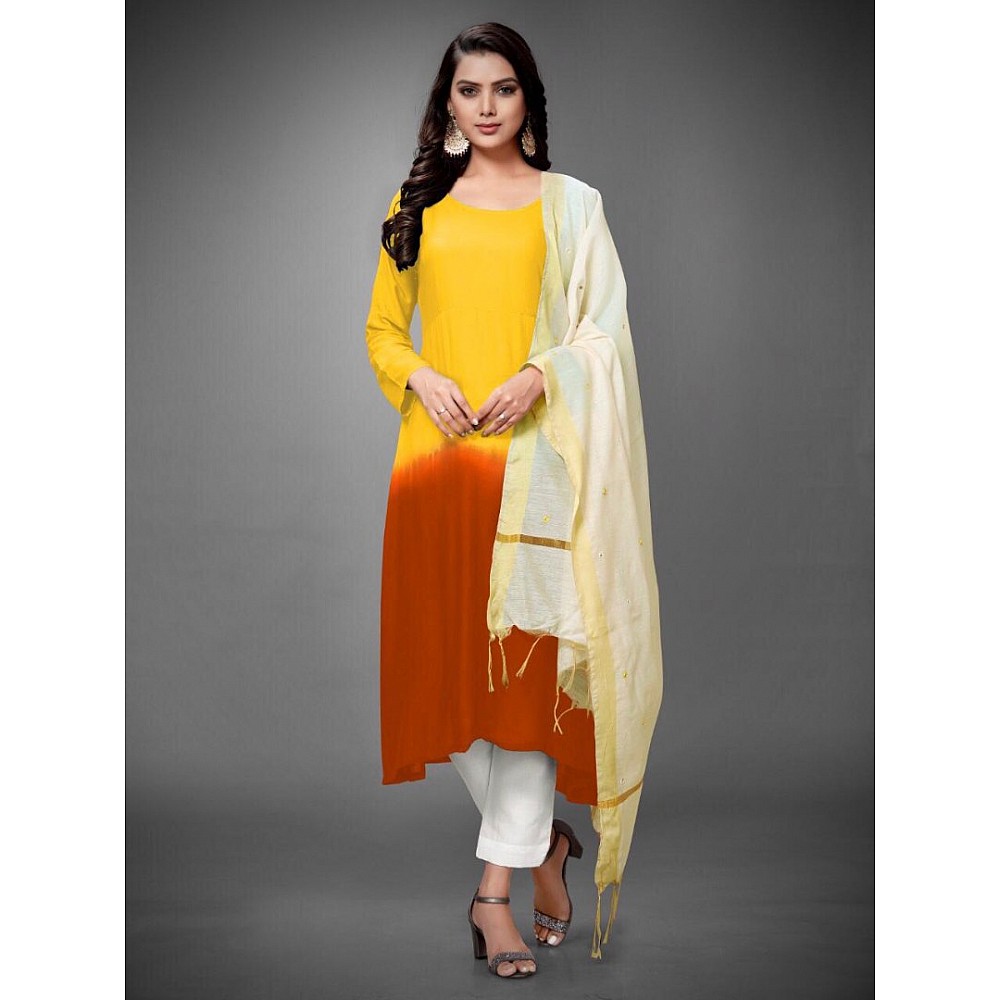 Yellow and brown heavy rayon cotton kurti