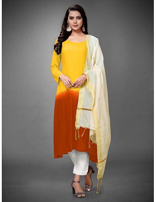 Yellow and brown heavy rayon cotton kurti