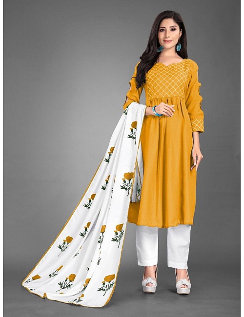 Yellow heavy cotton kurti with printed dupatta