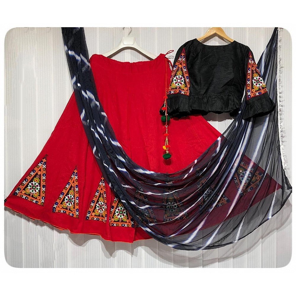 Red banglori silk kutchhi work navratri special chaniya choli with leheriya dupatta