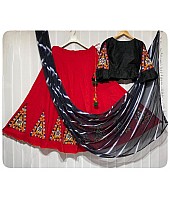 Red banglori silk kutchhi work navratri special chaniya choli with leheriya dupatta