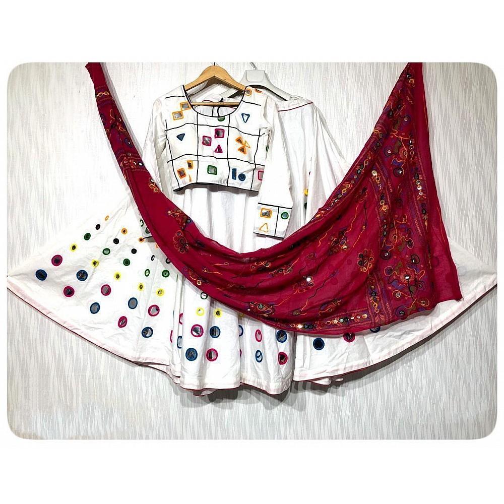 White heavy cotton ari multi embroidered navratri special lehenga choli
