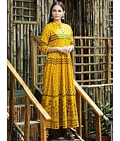 yellow muslin cotton digital printed casual wear gown