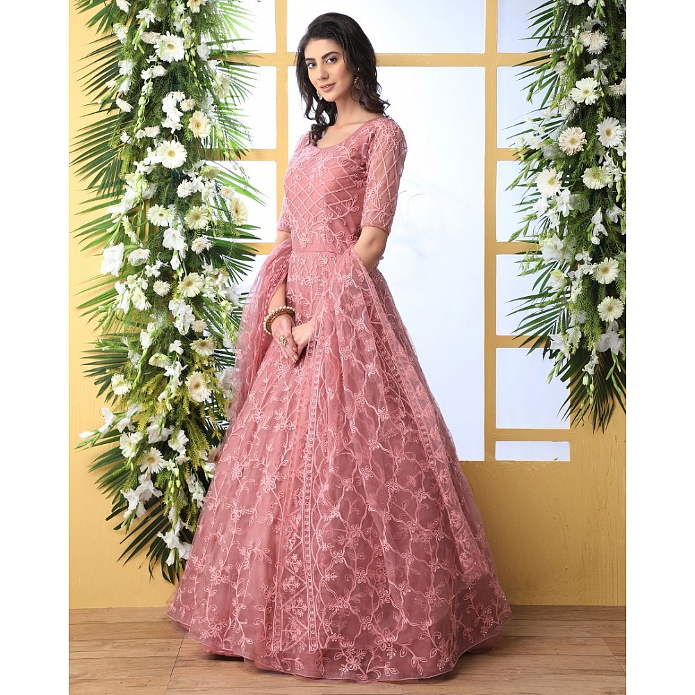 Dusty rose net heavy thread embroidered wedding anarkali gown