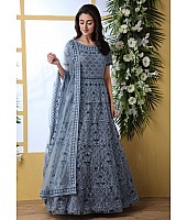 Grey net heavy thread embroidered wedding long anarkali gown