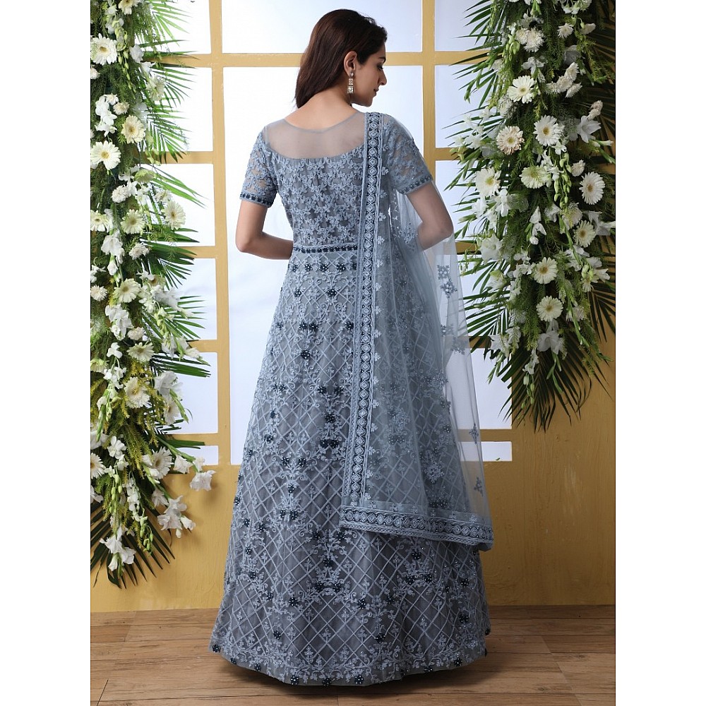 Grey net heavy thread embroidered wedding long anarkali gown