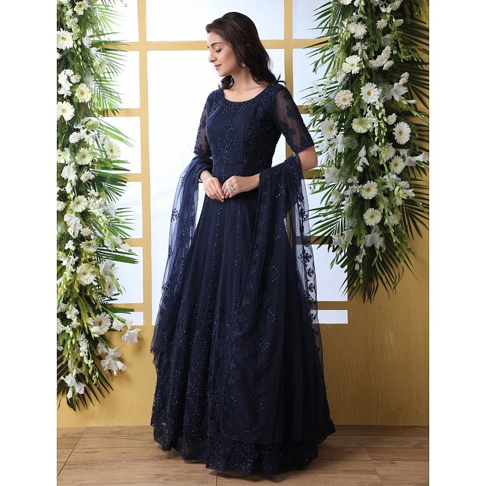 Navy blue net heavy embroidered wedding long anarkali gown