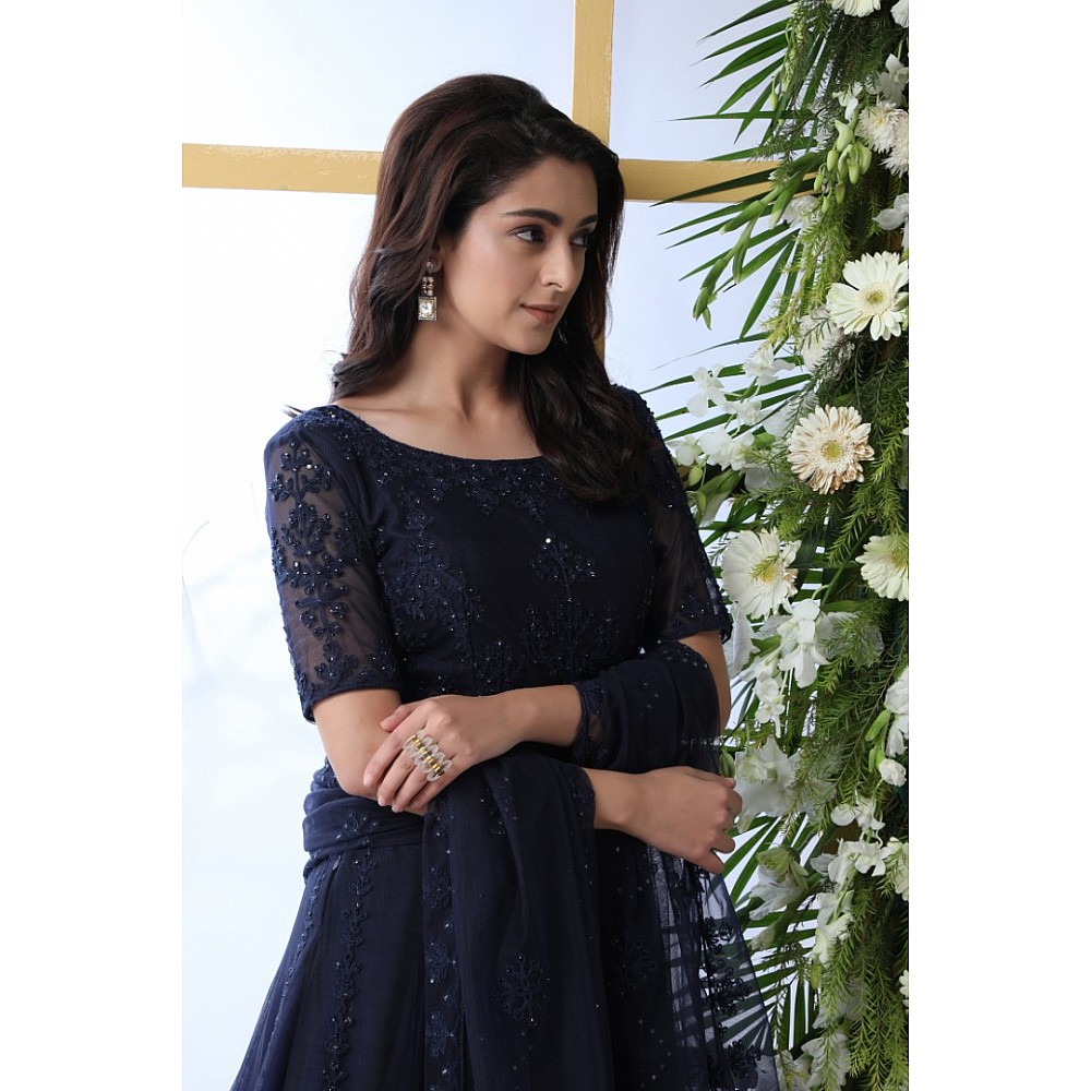 Navy blue net heavy embroidered wedding long anarkali gown