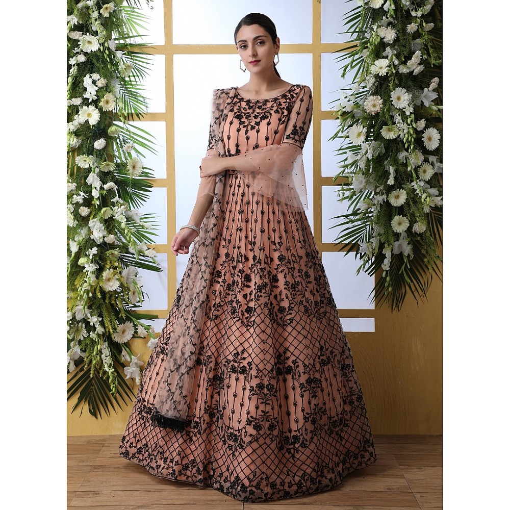 Peach net heavy embroidered wedding long anarkali gown