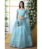 Sky blue net heavy thread embroidered wedding lehenga choli