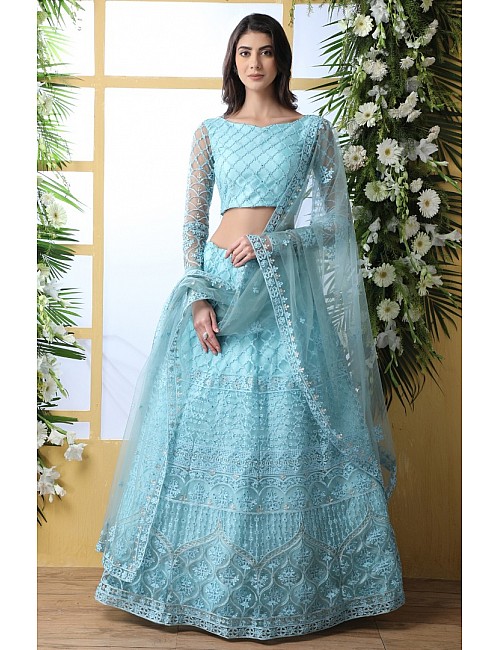 Sky blue net heavy thread embroidered wedding lehenga choli