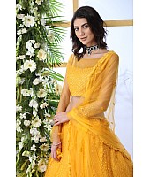 Yellow net thread and sequence embroidered wedding lehenga choli