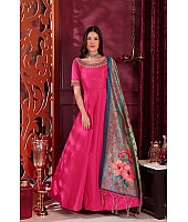 Dark pink silk zardoshi handworked neck designer gown with printed dupatta