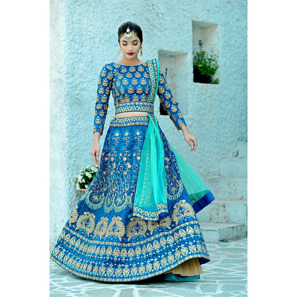 Designer blue silk heavy embroidered designer bridal wedding lehenga choli