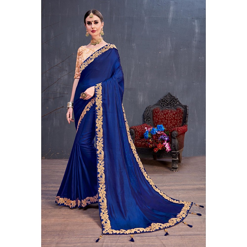 Designer navy blue embroidered partywear saree