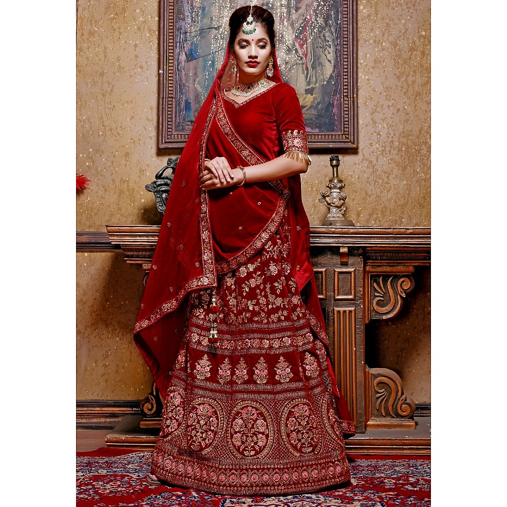 Maroon velvet heavy embroidered bridal lehenga choli