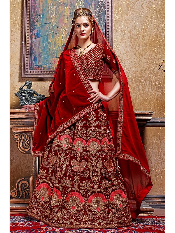Embroidered Velvet Red Bridal Lehenga Choli with Dupatta - LC5083