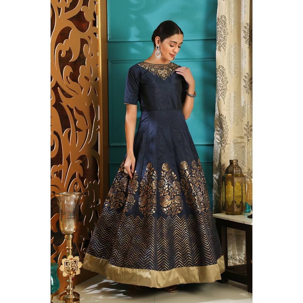 Navy blue silk foil and resham worked designer gown with dupatta