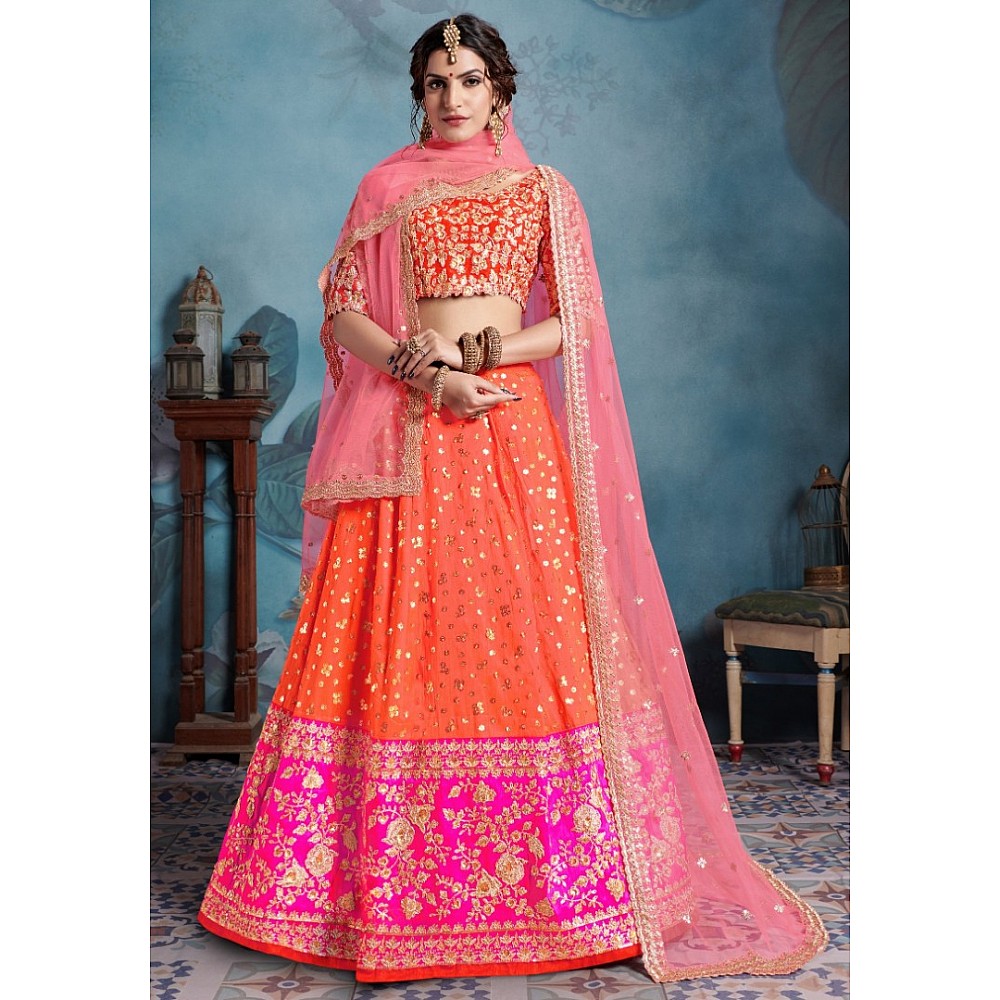 Orange and pink art silk embroidered wedding lehenga choli
