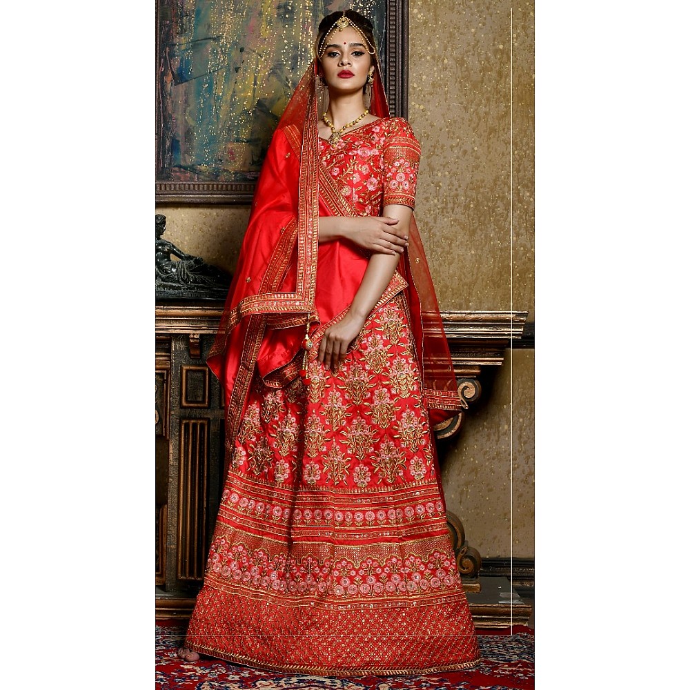 Red silk heavy designer embroidered bridal lehenga choli