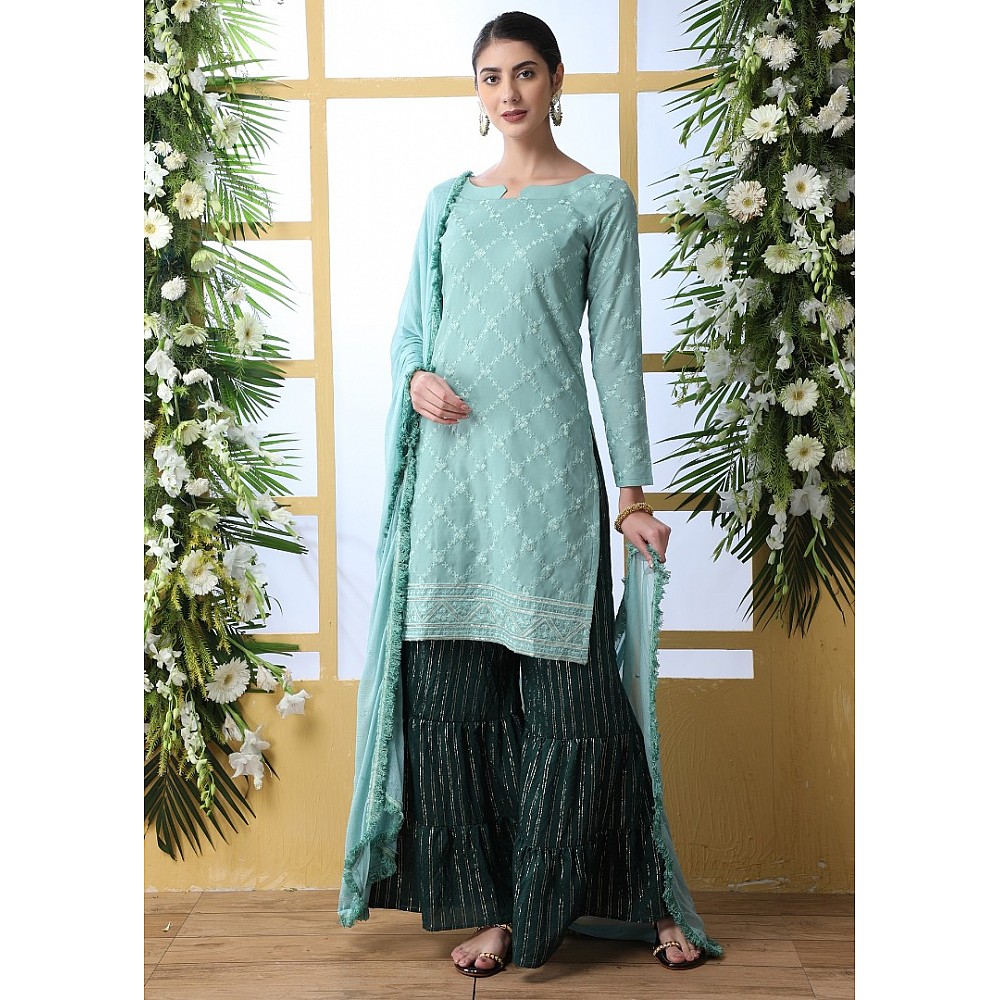Sea green soft cotton sharara salwar suit