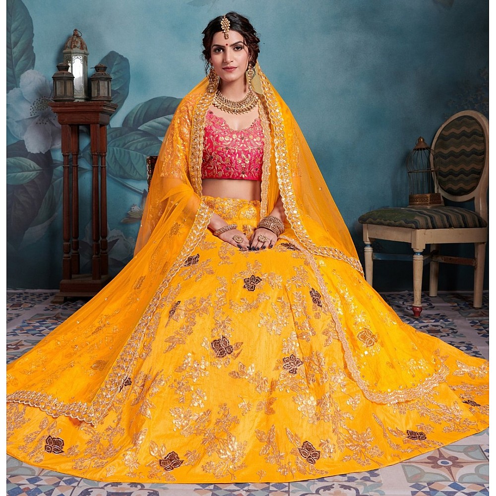 Yellow art silk designer wedding lehenga choli