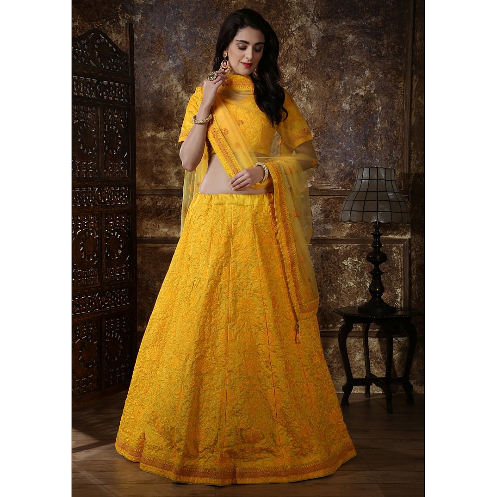 Yellow silk heavy embroidered wedding lehenga choli