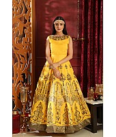 Yellow silk metalic foil and zardosi handworked neck heavy partywear gown