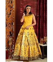 Yellow silk metalic foil and zardosi handworked neck heavy partywear gown