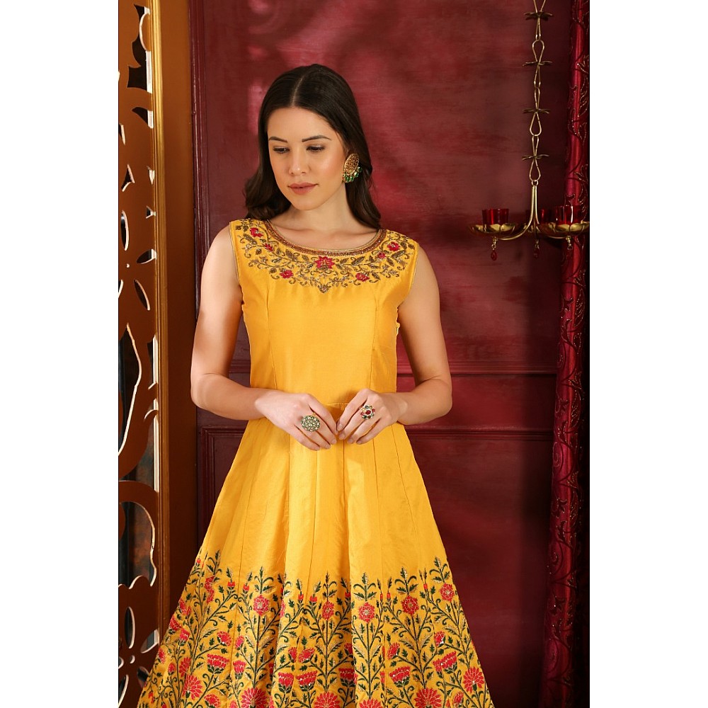 Yellow silk thread and sequence embroidered Ceremonial Gown