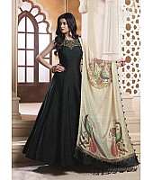 Black bright silk beautiful handworked gown with printed dupatta