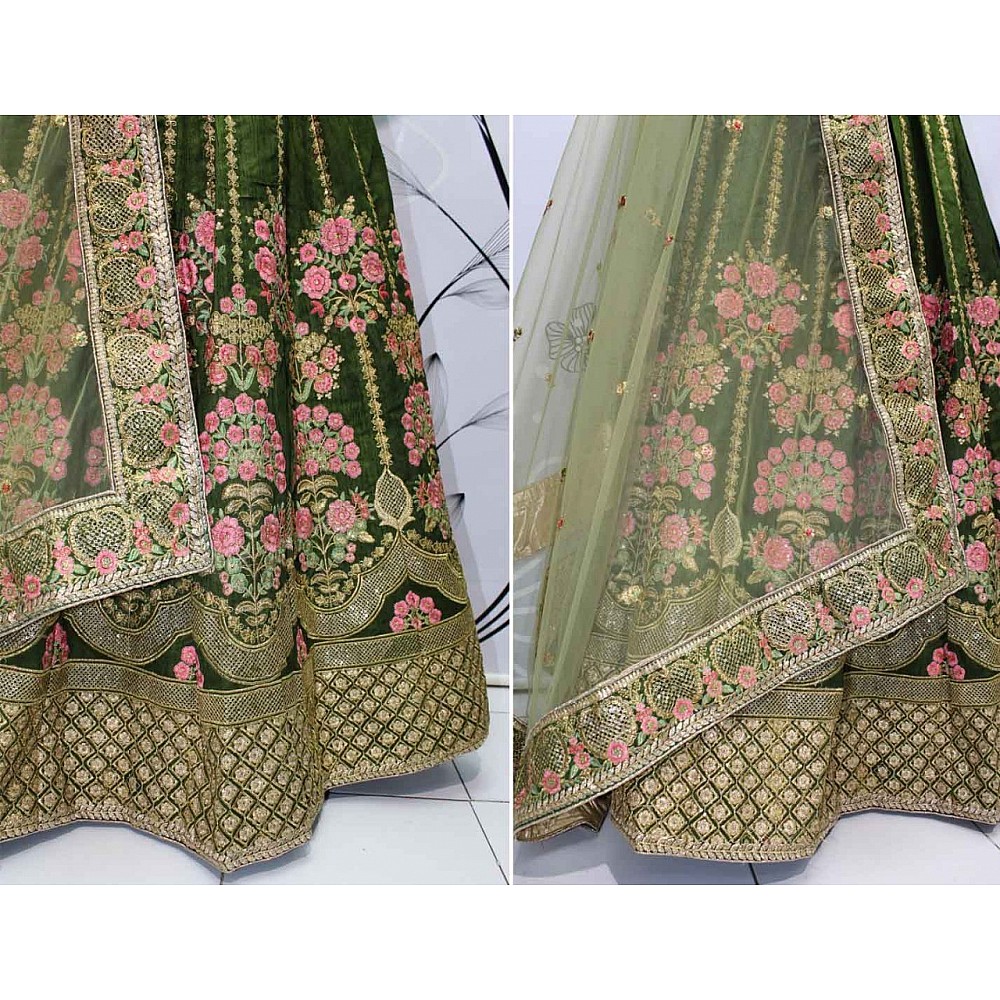 green thai silk designer heavy embroidered bridal lehenga