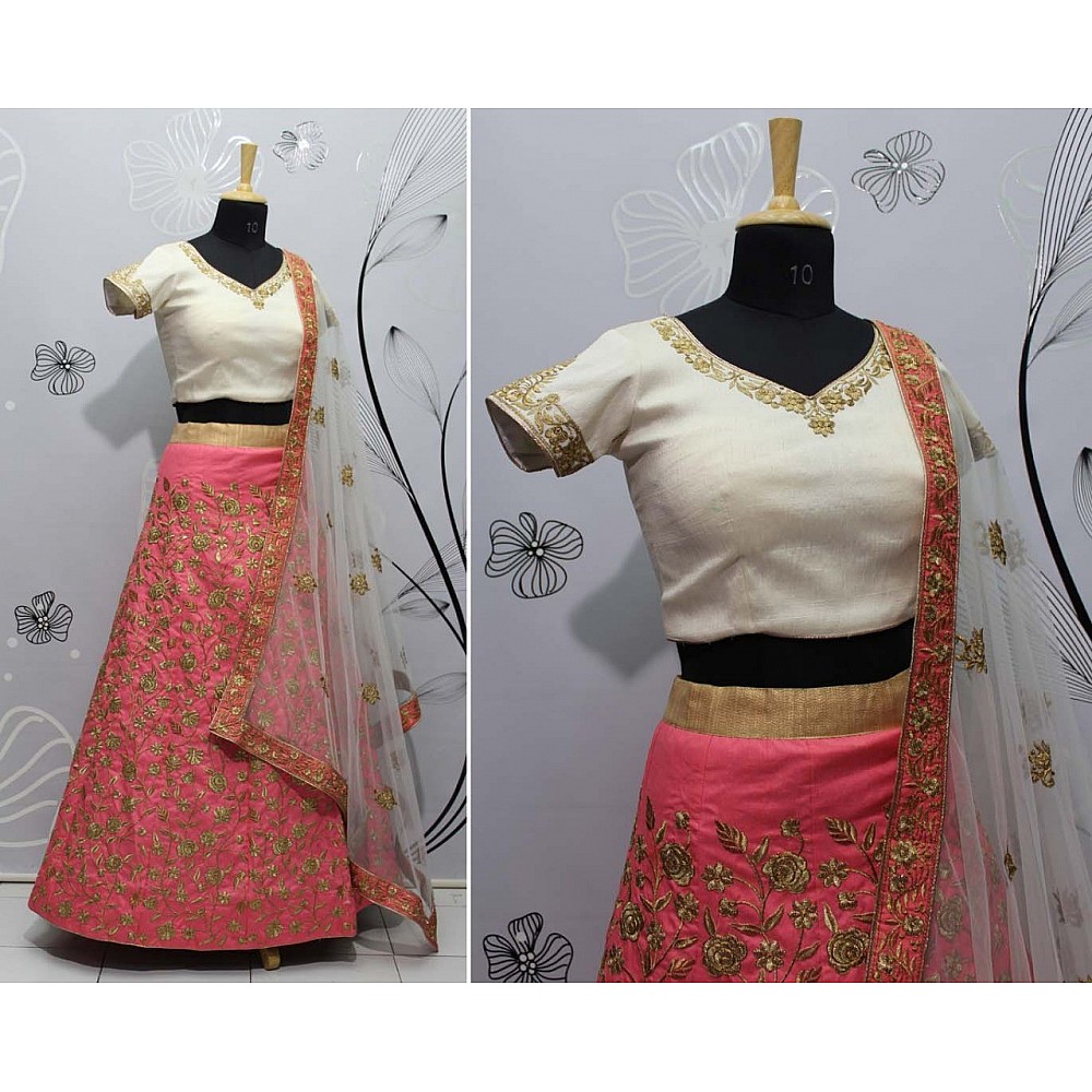 Lotus pink thai silk embroidered wedding lehenga