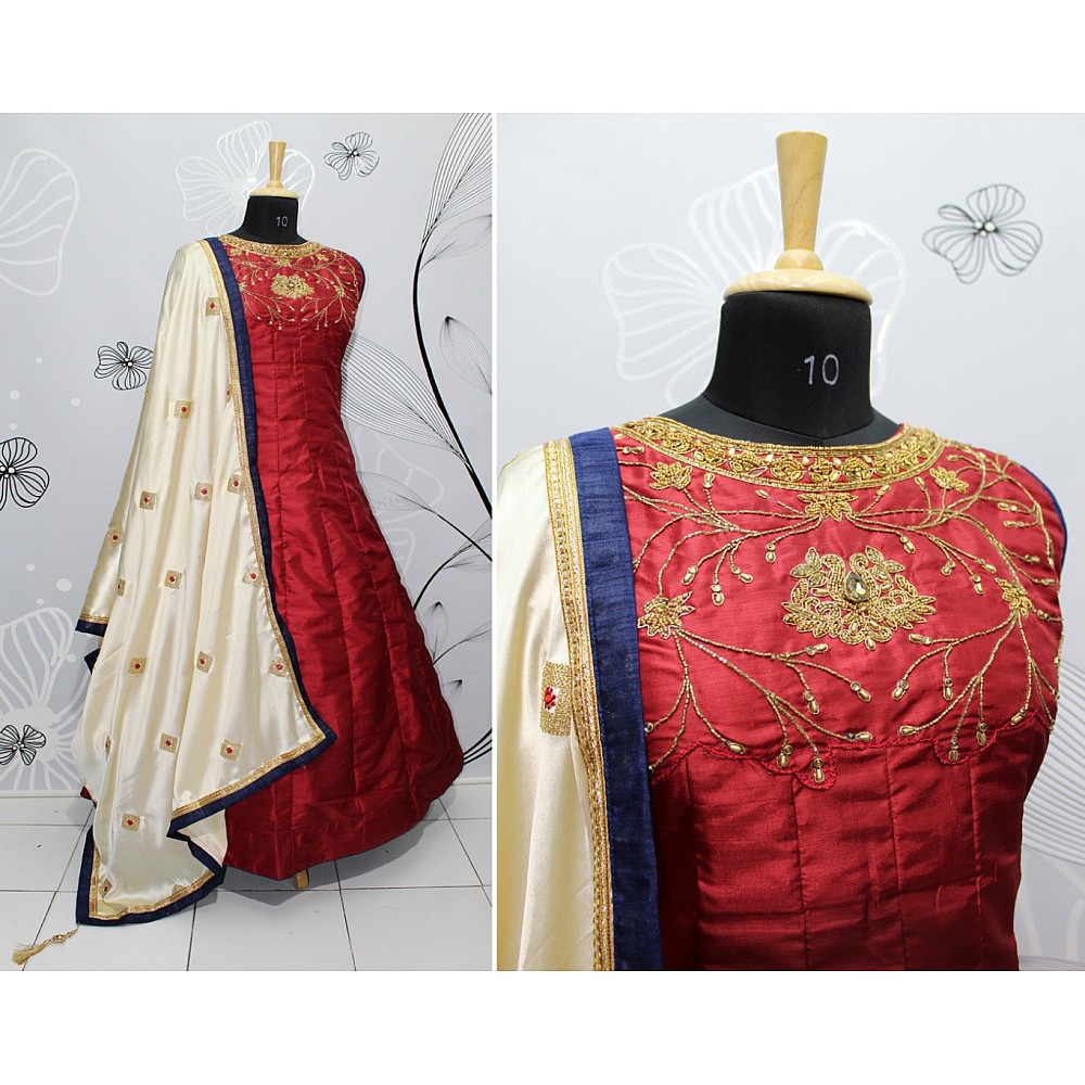 maroon kumkum silk handworked neck partywear gown with embroidered dupatta
