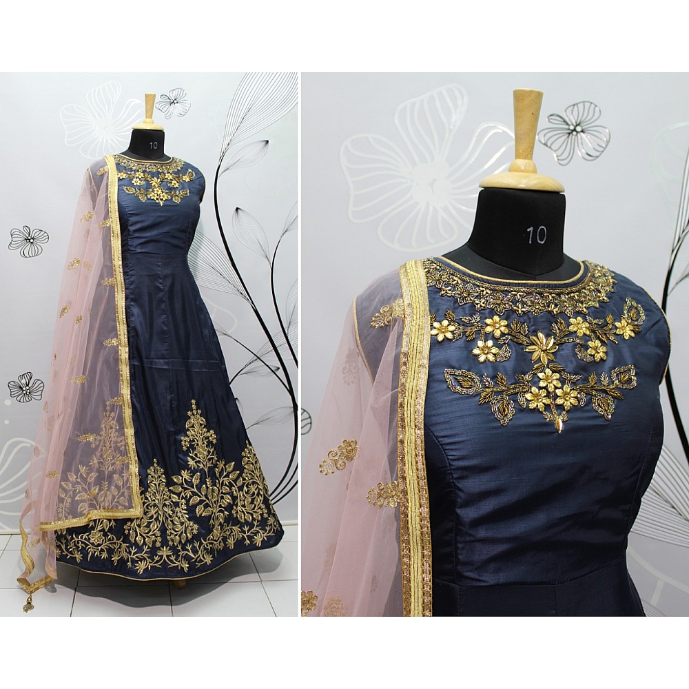 navy blue kumkum silk handworked neck wedding wear gown