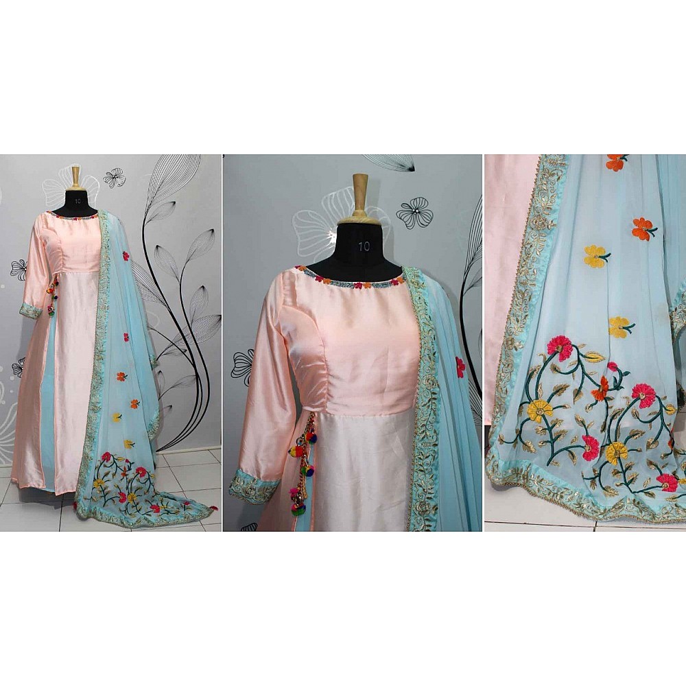 peach silky silk embroidered partywear gown