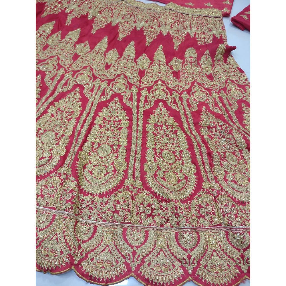 Red phantom silk heavy embroidered bridal lehenga