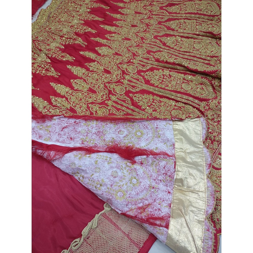 Red phantom silk heavy embroidered bridal lehenga