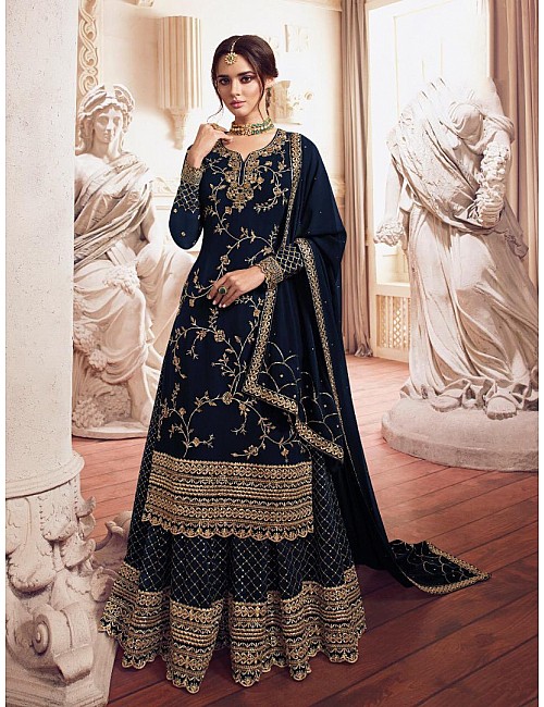 Navy blue georgette heavy embroidered wedding plazzo salwar suit