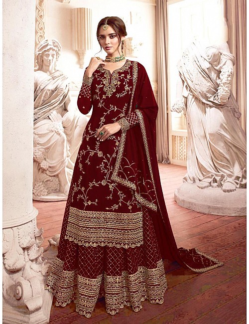 Maroon georgette heavy embroidered wedding plazzo salwar suit